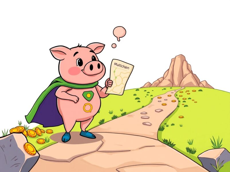 Aave multichain services strategy depicted as a superhero piggy bank choosing a profitable path.
