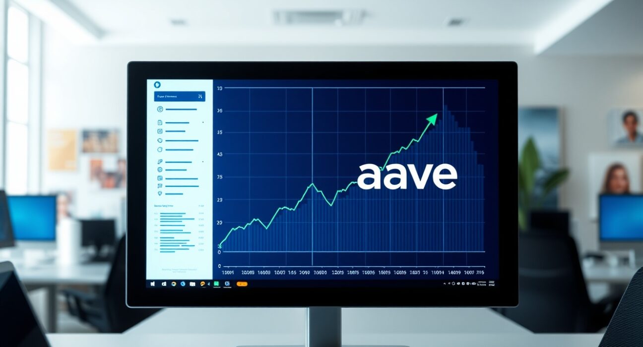 Aave DeFi protocol dashboard with rising chart and new wallet activity indicator
