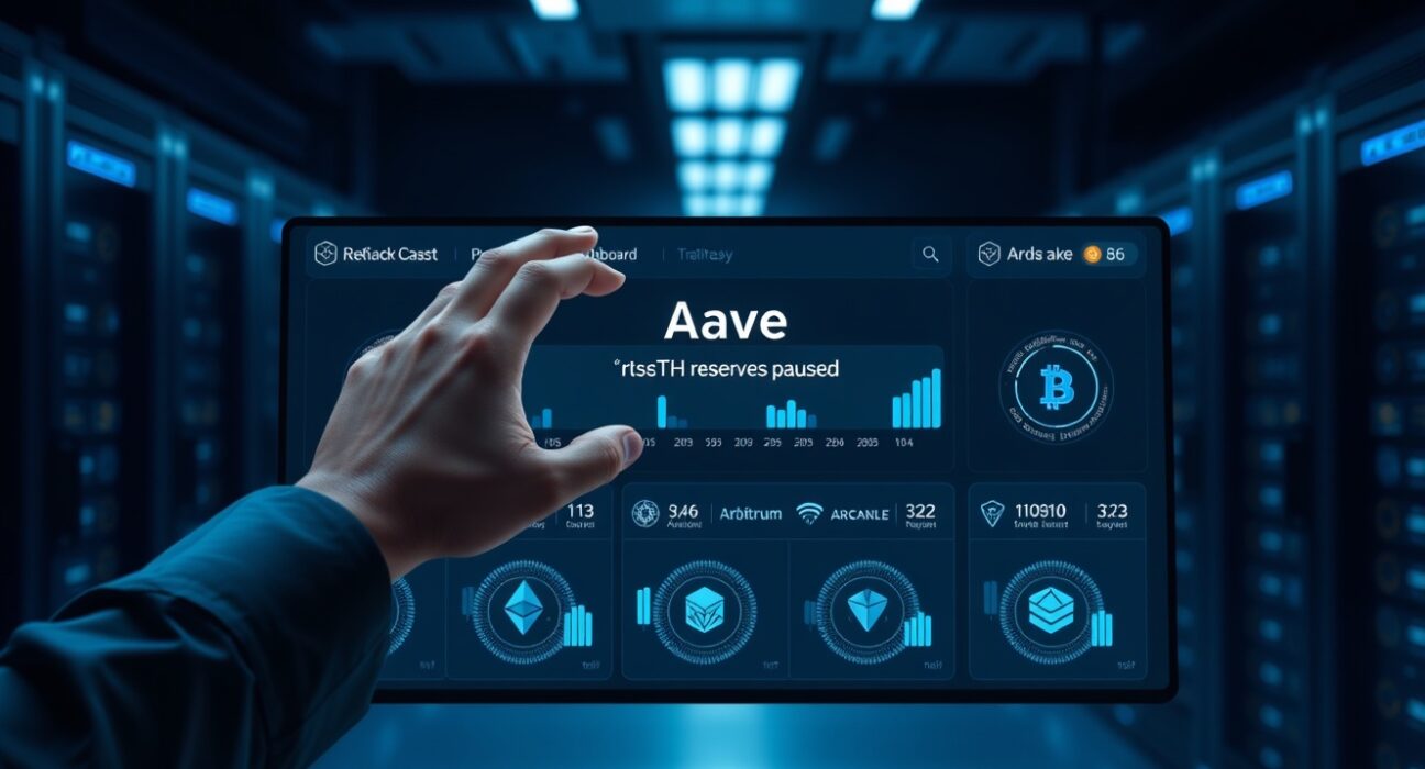 Aave pauses rsETH reserves on major chains for fund recovery, shown on a digital dashboard interface.