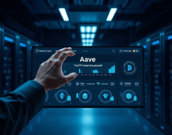 Aave pauses rsETH reserves on major chains for fund recovery, shown on a digital dashboard interface.