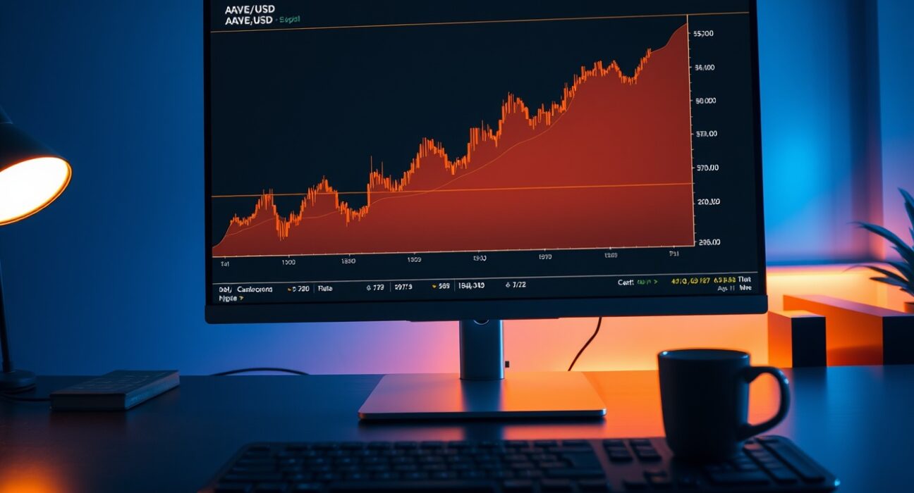 Aave (AAVE) cryptocurrency price chart on a monitor in a modern trading setup
