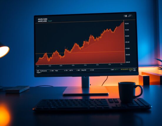 Aave (AAVE) cryptocurrency price chart on a monitor in a modern trading setup