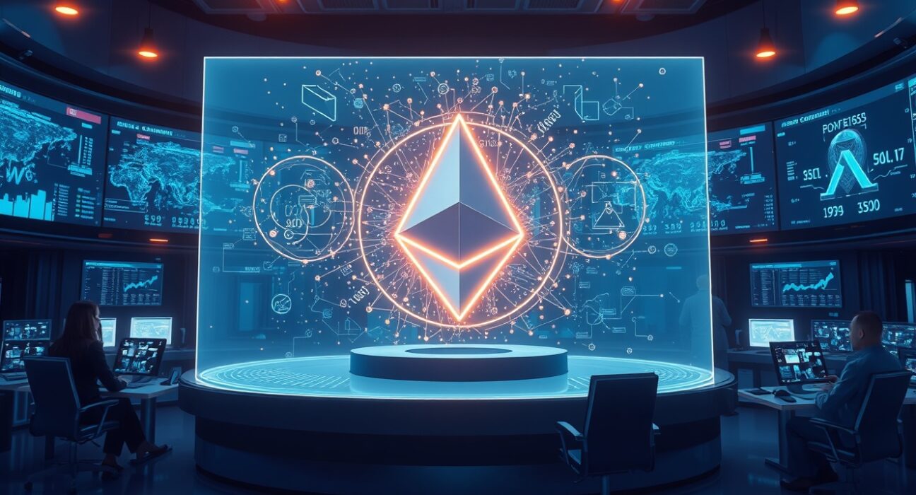 Aave rescue operation visualized as a holographic display in a high-tech command center, representing Justin Sun and HTX's $20 million commitment to the DeFi protocol.