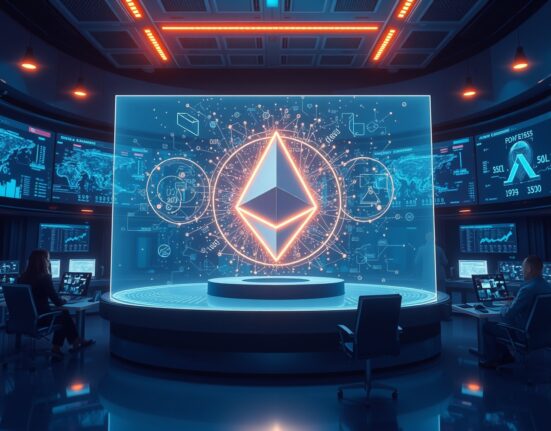 Aave rescue operation visualized as a holographic display in a high-tech command center, representing Justin Sun and HTX's $20 million commitment to the DeFi protocol.