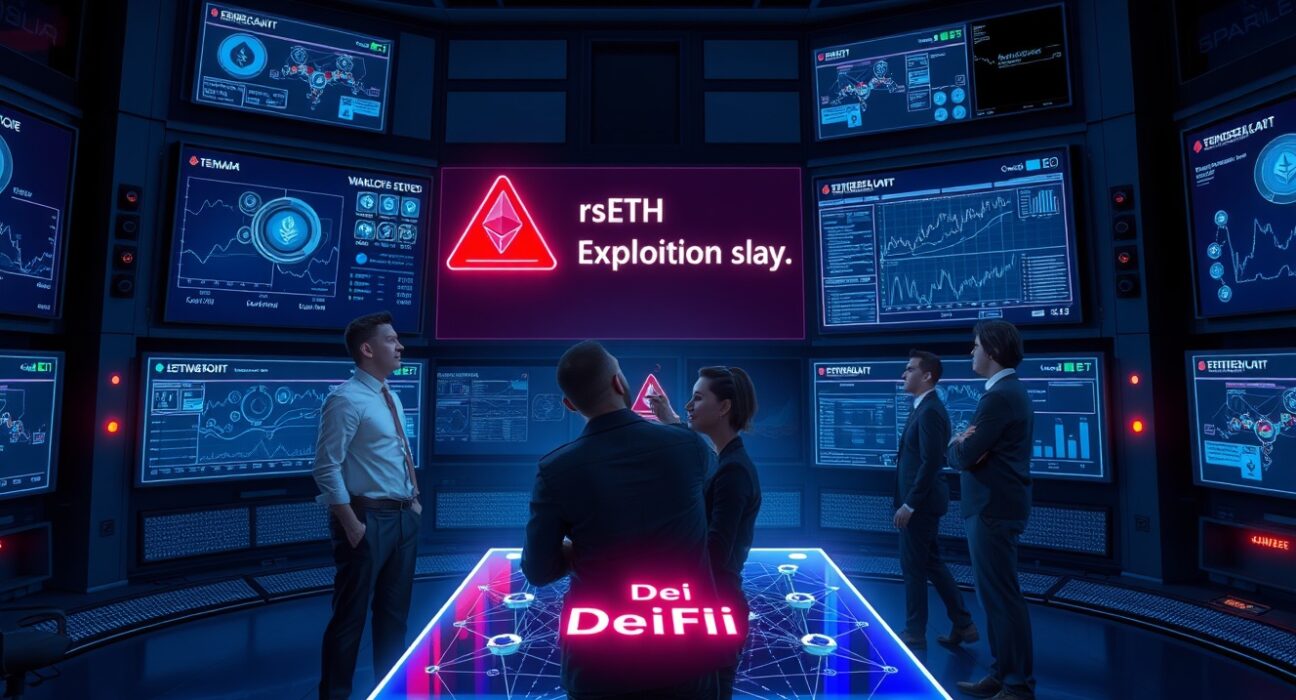 Aave rsETH exploit recovery command center with DeFi United team monitoring blockchain screens