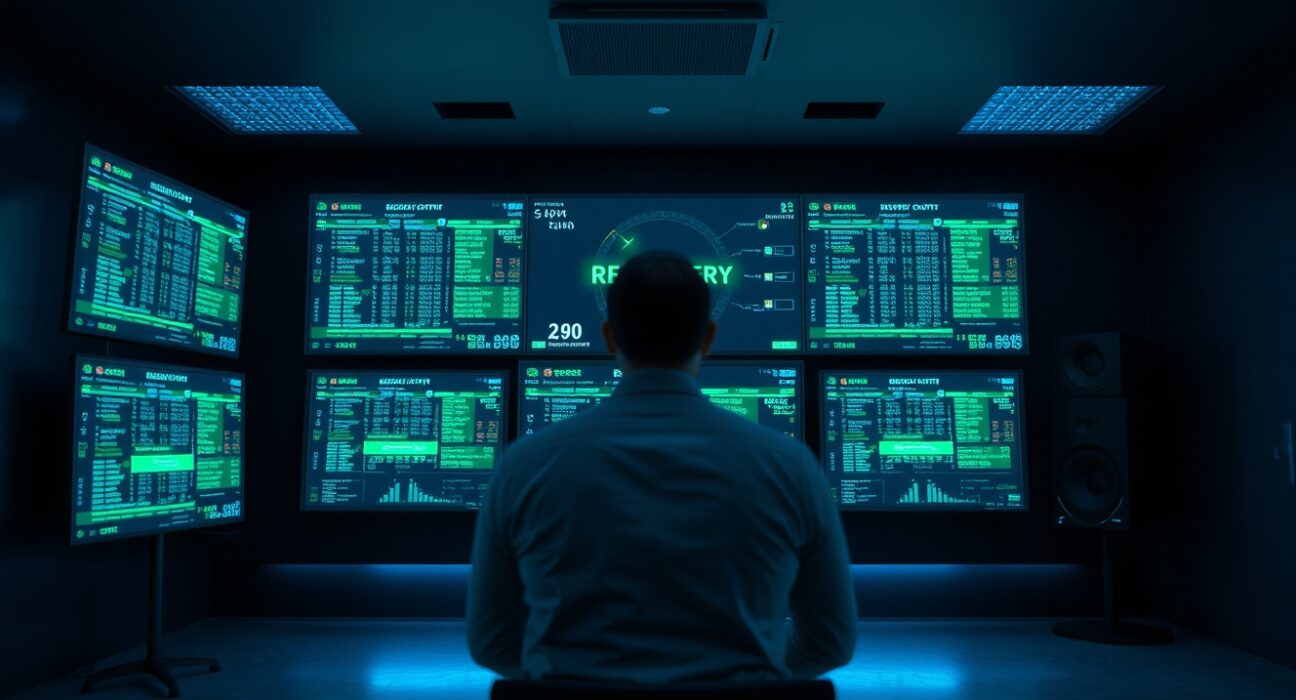 Security operations center monitors displaying blockchain recovery data after Aave rsETH incident