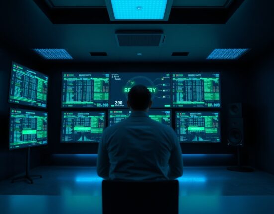 Security operations center monitors displaying blockchain recovery data after Aave rsETH incident