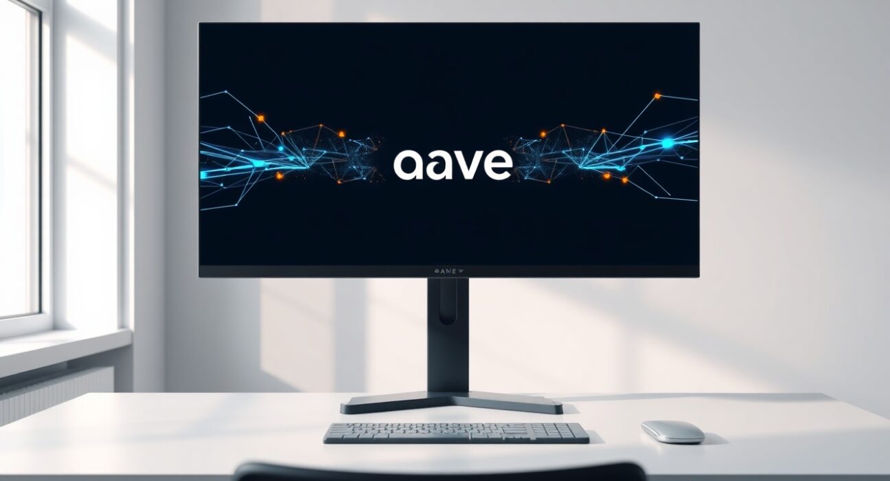 Aave logo on a monitor in a clean, modern office setting, representing the protocol's decision to sunset reserves.