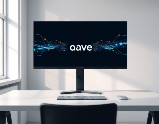 Aave logo on a monitor in a clean, modern office setting, representing the protocol's decision to sunset reserves.