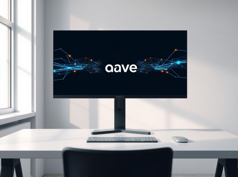 Aave logo on a monitor in a clean, modern office setting, representing the protocol's decision to sunset reserves.