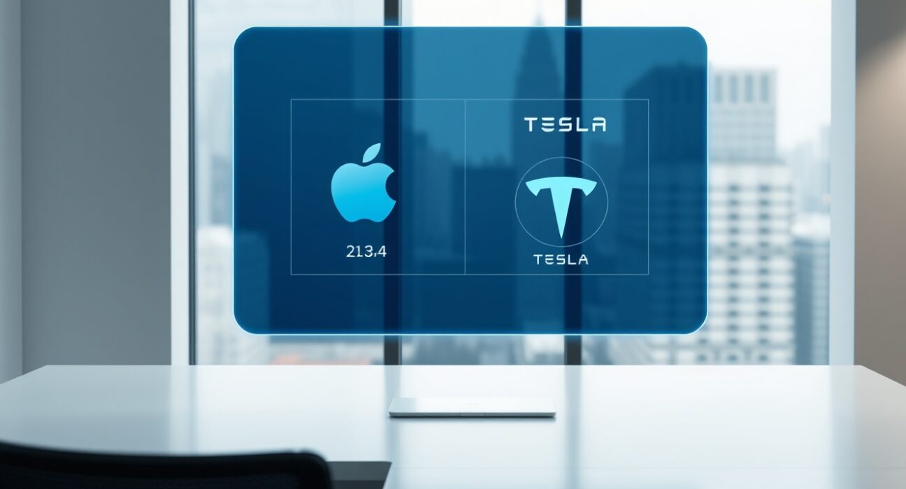 Digital interface showing tokenized Apple and Tesla stock icons on a holographic screen in a modern office setting