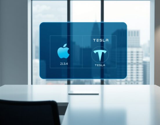 Digital interface showing tokenized Apple and Tesla stock icons on a holographic screen in a modern office setting
