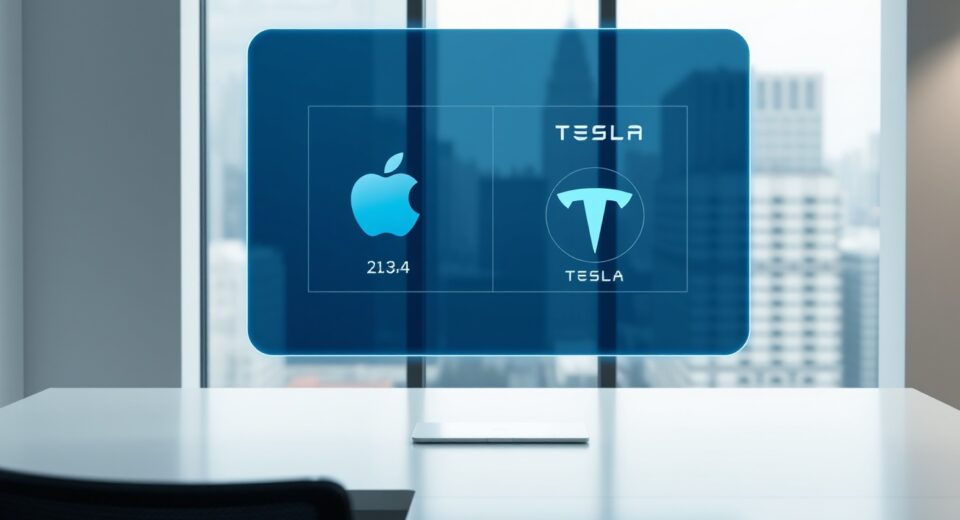 Digital interface showing tokenized Apple and Tesla stock icons on a holographic screen in a modern office setting