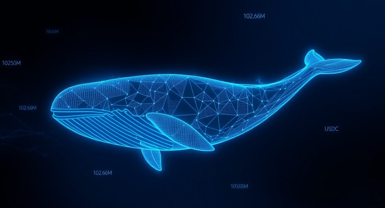Symbolic representation of a large cryptocurrency whale transaction involving Aave and USDC stablecoins.