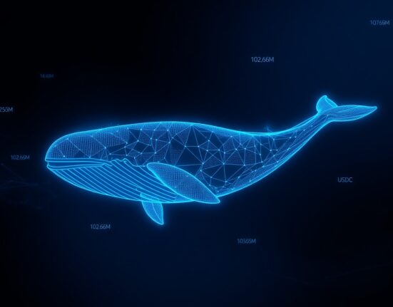 Symbolic representation of a large cryptocurrency whale transaction involving Aave and USDC stablecoins.