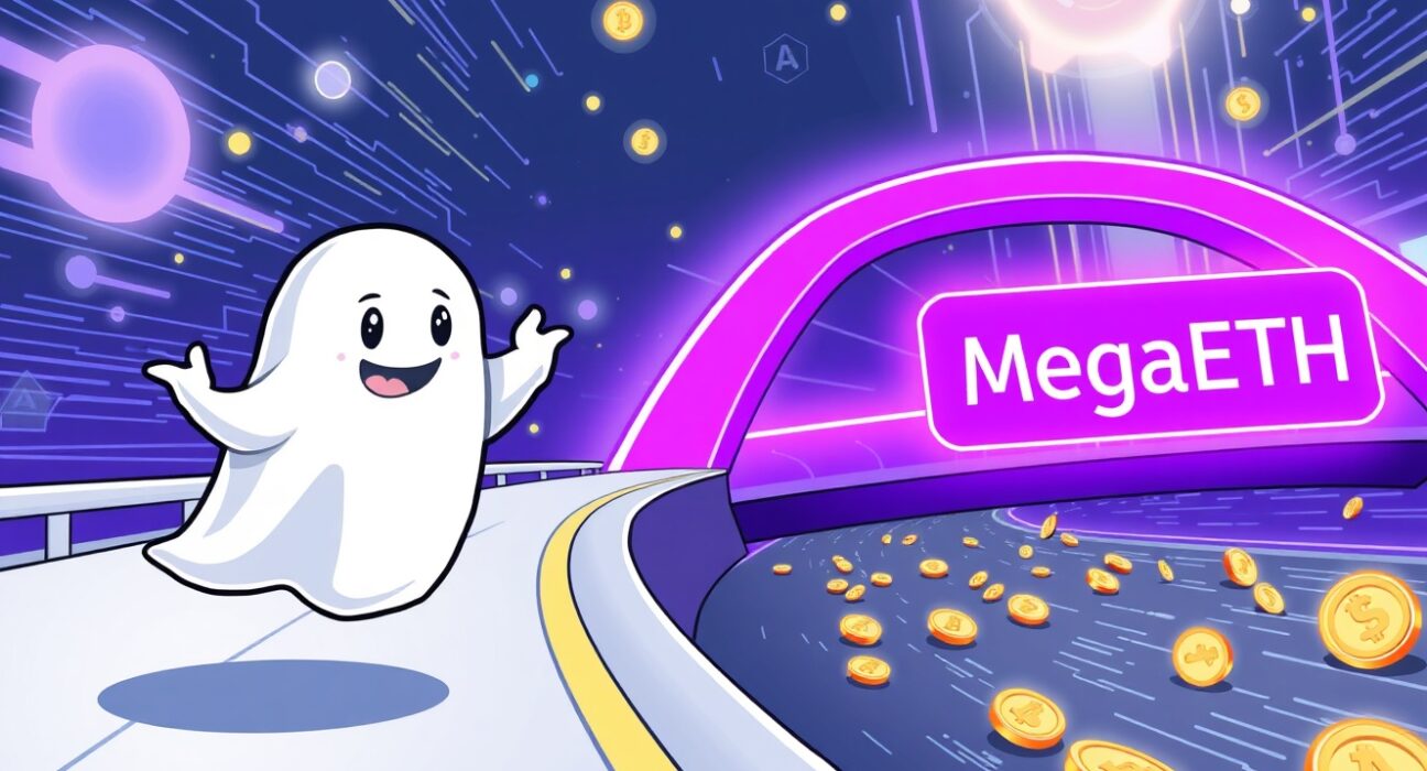 Aave V3 on MegaETH proposal illustrated as digital assets speeding across a next-generation Layer 2 bridge.