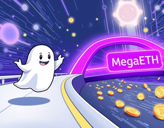 Aave V3 on MegaETH proposal illustrated as digital assets speeding across a next-generation Layer 2 bridge.