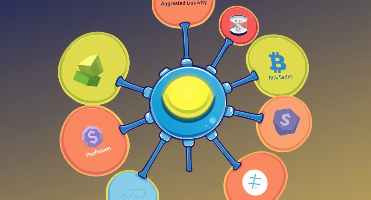 A futuristic hub and spoke network illustrating the Aave V4 architecture, symbolizing enhanced modularity and liquidity in decentralized lending.