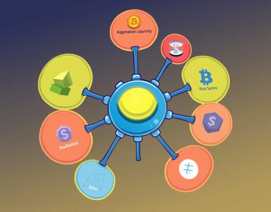 A futuristic hub and spoke network illustrating the Aave V4 architecture, symbolizing enhanced modularity and liquidity in decentralized lending.
