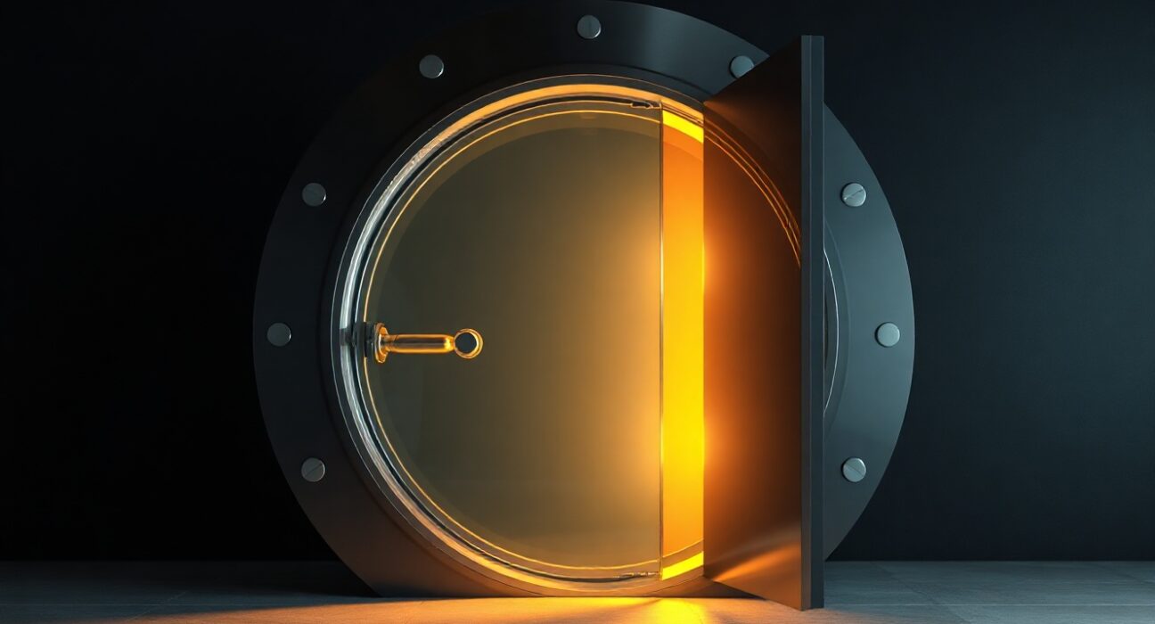 A glowing vault door, symbolizing Aave V4's growing deposits.