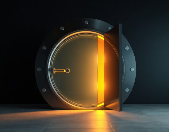 A glowing vault door, symbolizing Aave V4's growing deposits.