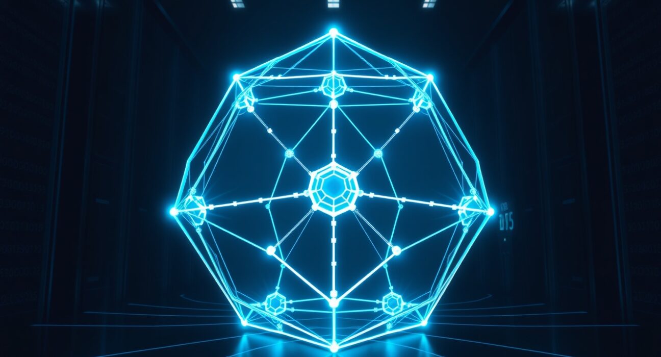 Aave V4's Hub & Spoke architecture visualized as an interconnected financial network on Ethereum.