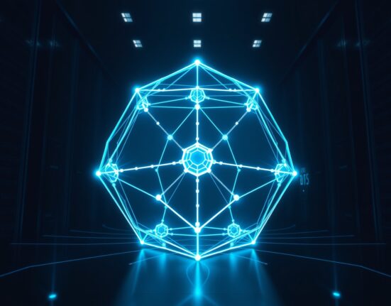 Aave V4's Hub & Spoke architecture visualized as an interconnected financial network on Ethereum.