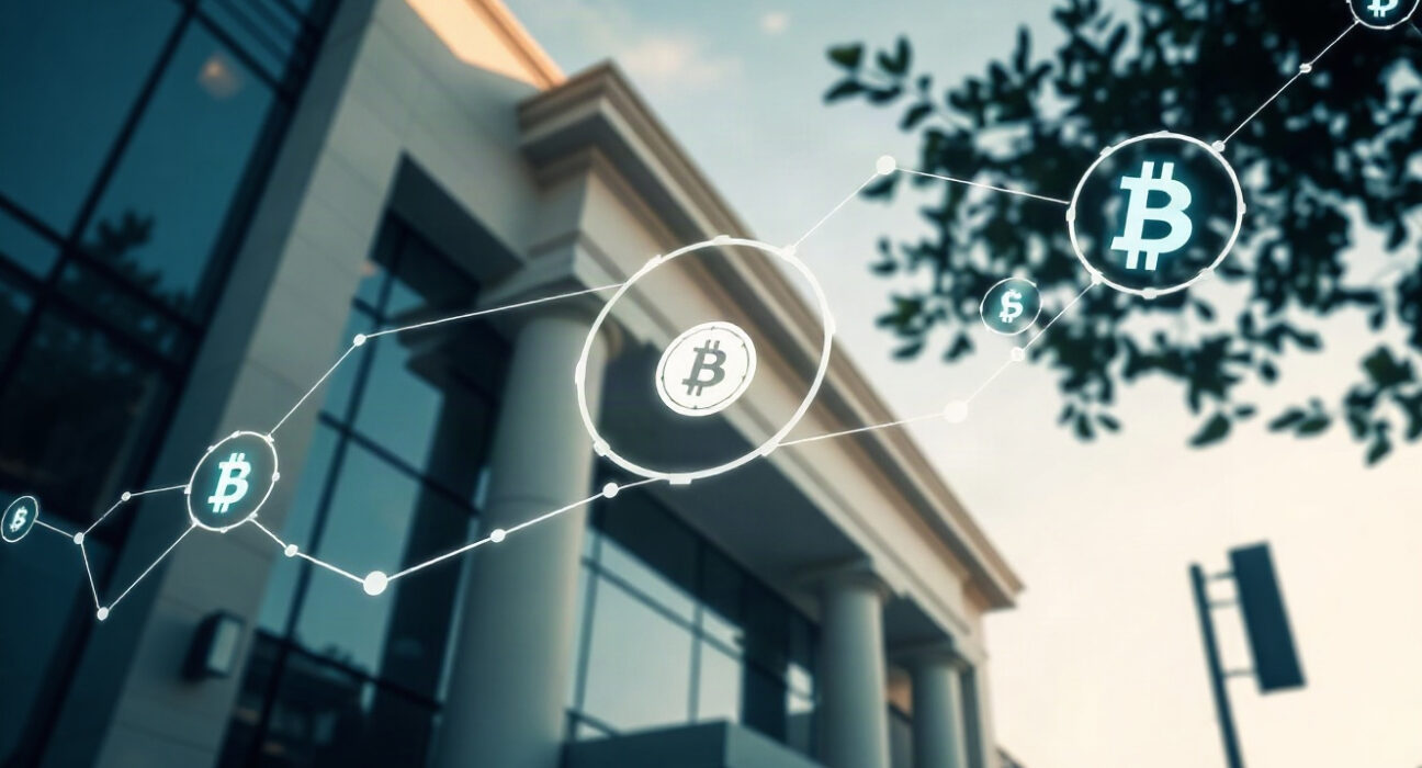 Bank building exterior with digital overlay representing cryptocurrency and banking regulation
