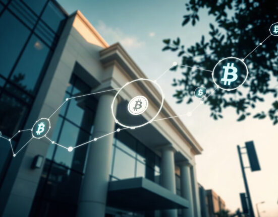 Bank building exterior with digital overlay representing cryptocurrency and banking regulation
