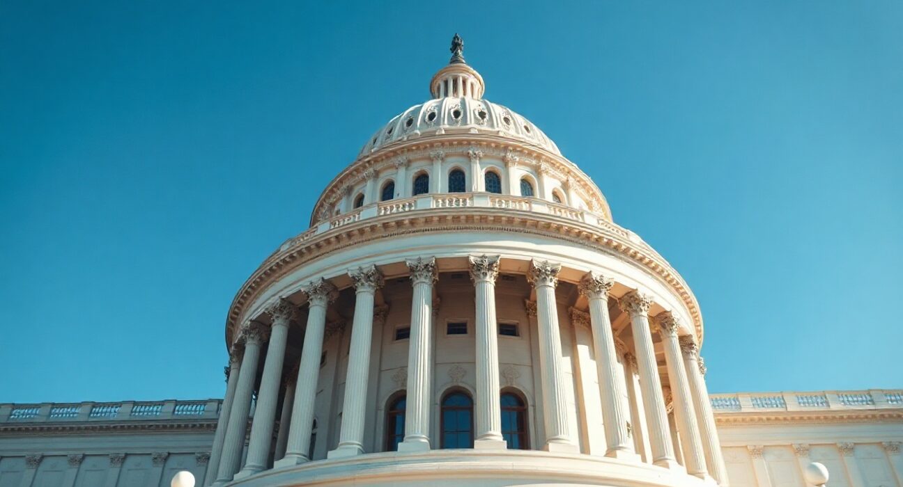 U.S. Capitol Building on a sunny day, representing the setting for stablecoin regulation debates.