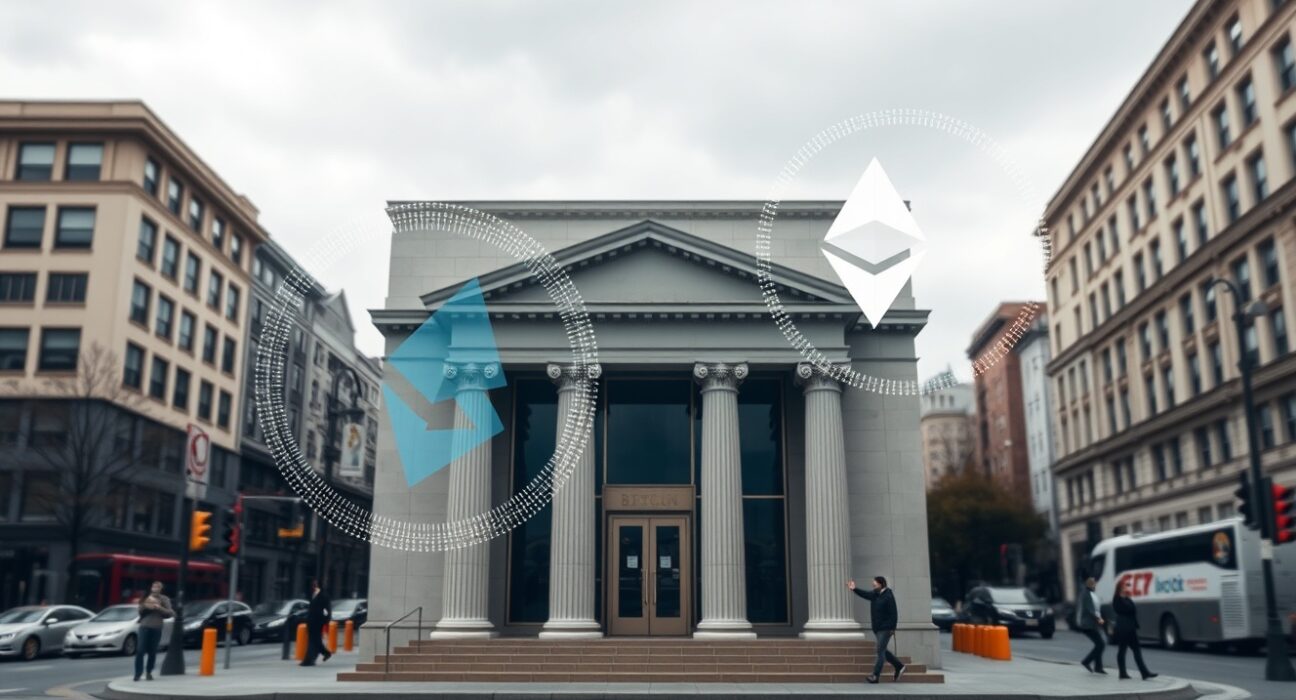 Modern bank building with digital cryptocurrency overlay representing ABA survey on stablecoin legislation.