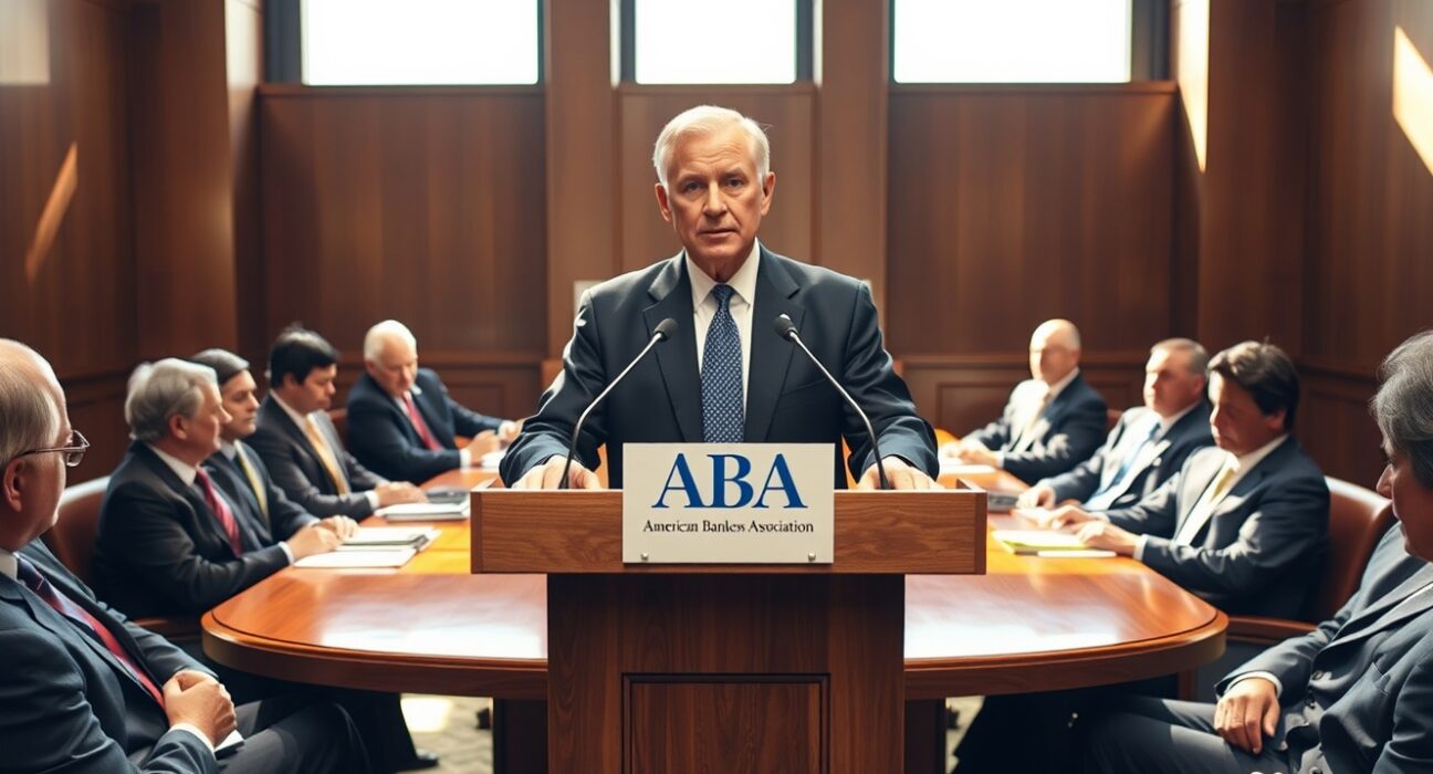ABA CEO Rob Nichols speaking at a banking conference, warning about stablecoin risks.