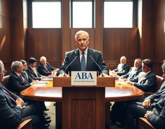 ABA CEO Rob Nichols speaking at a banking conference, warning about stablecoin risks.
