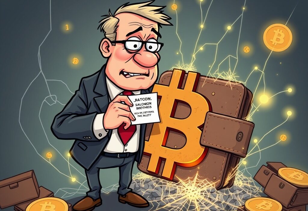 A cartoon illustration showing a firm attempting to access abandoned BTC wallets via digital notices, highlighting legal claims.