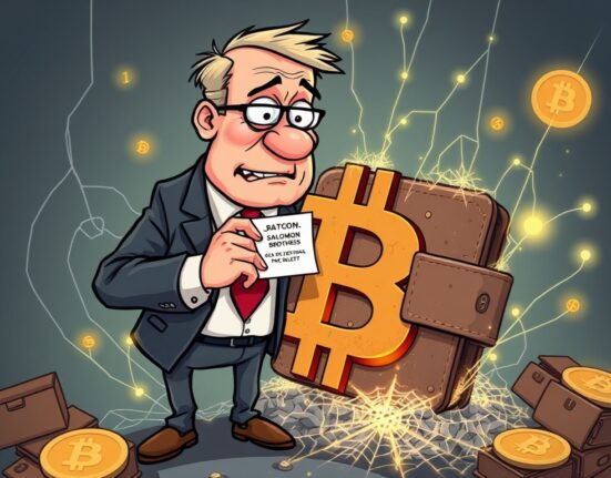 A cartoon illustration showing a firm attempting to access abandoned BTC wallets via digital notices, highlighting legal claims.