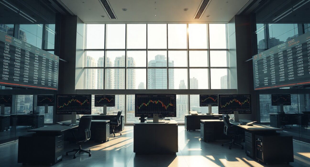 ABFinance trading floor with screens off, symbolizing halted operations