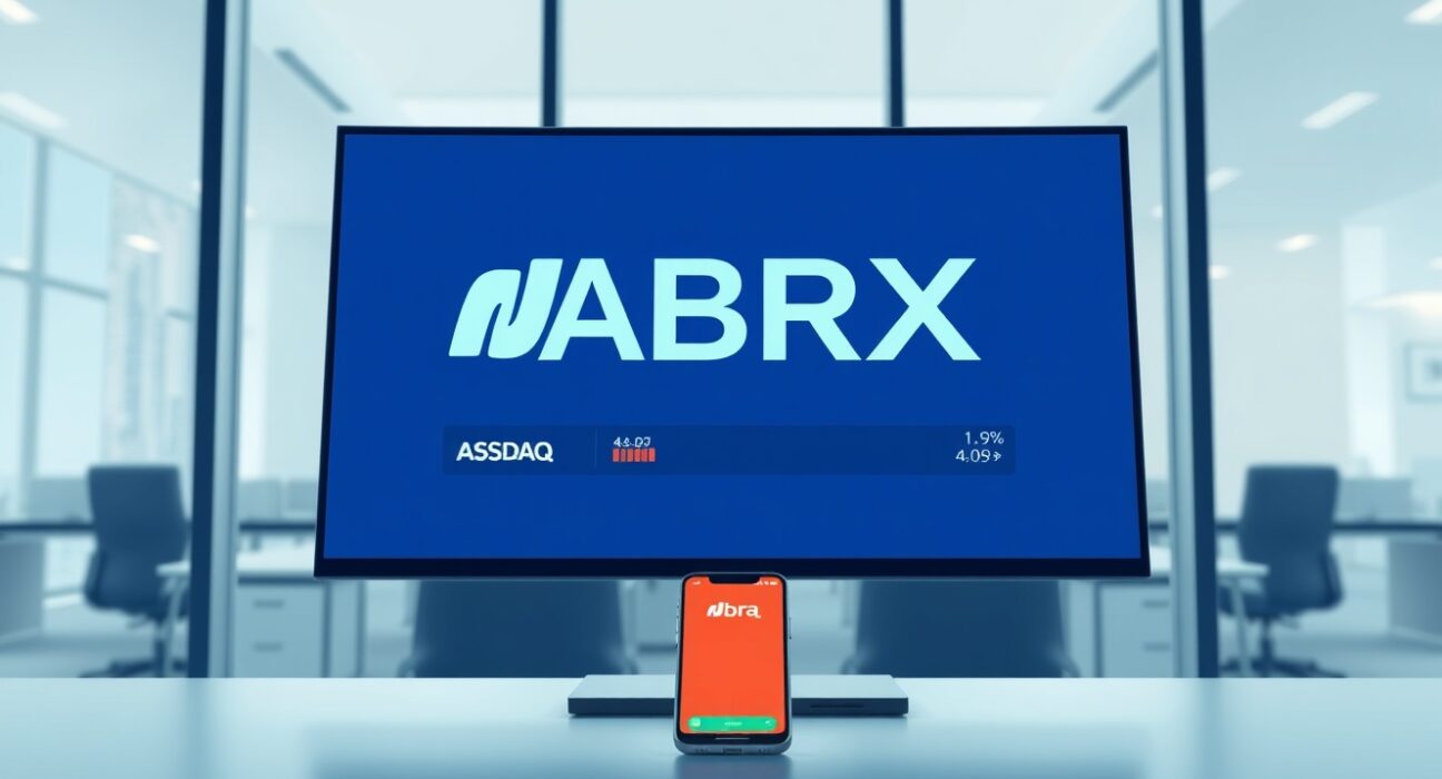 Abra's Nasdaq listing symbolized by a trading desk monitor showing the ABRX ticker.