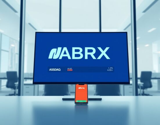 Abra's Nasdaq listing symbolized by a trading desk monitor showing the ABRX ticker.