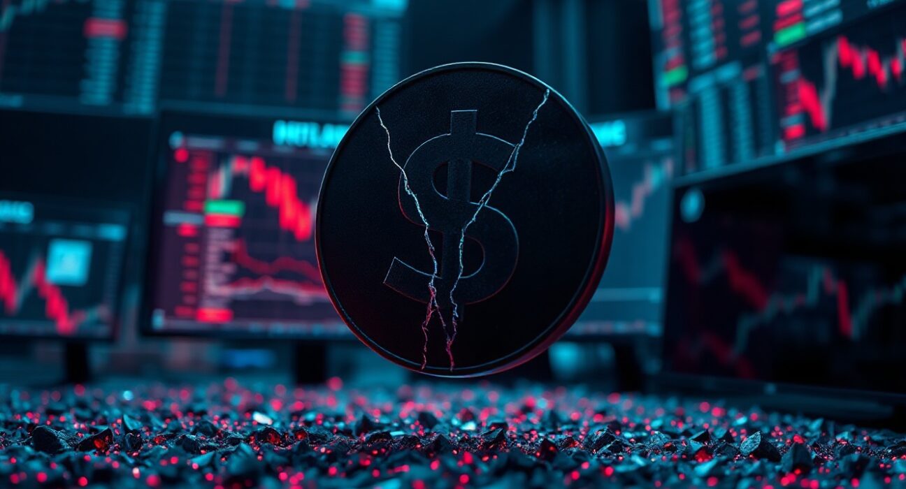 Digital representation of a de-pegged MIM stablecoin with a cracked dollar sign over a chaotic financial data background.