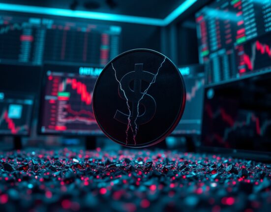 Digital representation of a de-pegged MIM stablecoin with a cracked dollar sign over a chaotic financial data background.