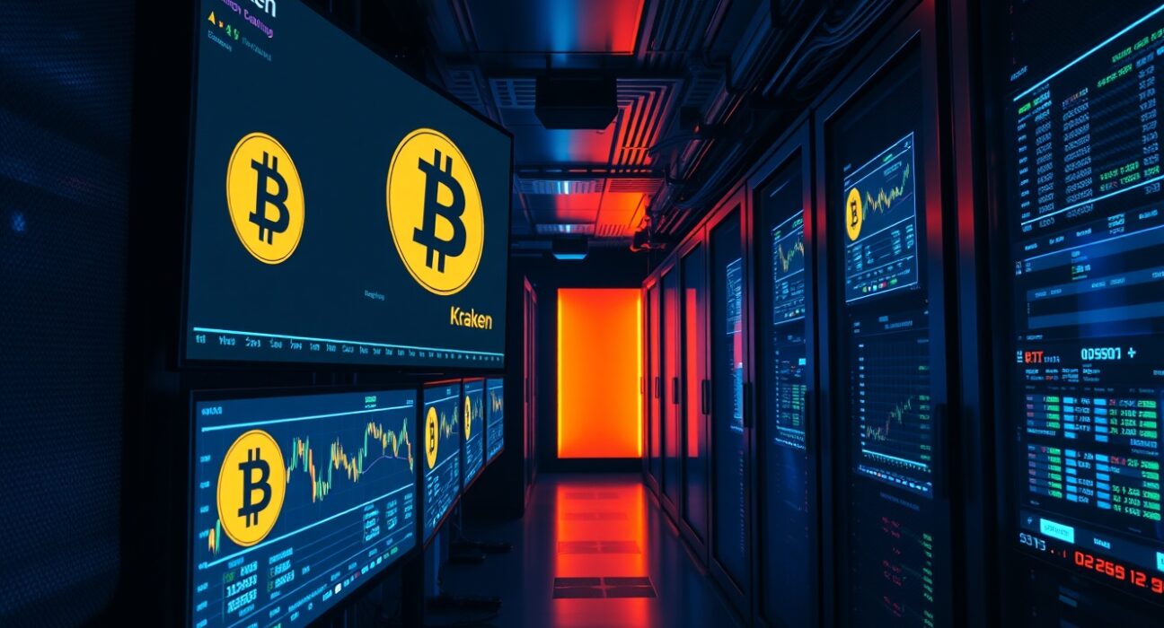 Server room screens display Bitcoin price and Kraken exchange data, representing a large BTC deposit.
