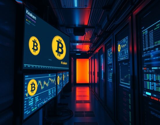 Server room screens display Bitcoin price and Kraken exchange data, representing a large BTC deposit.