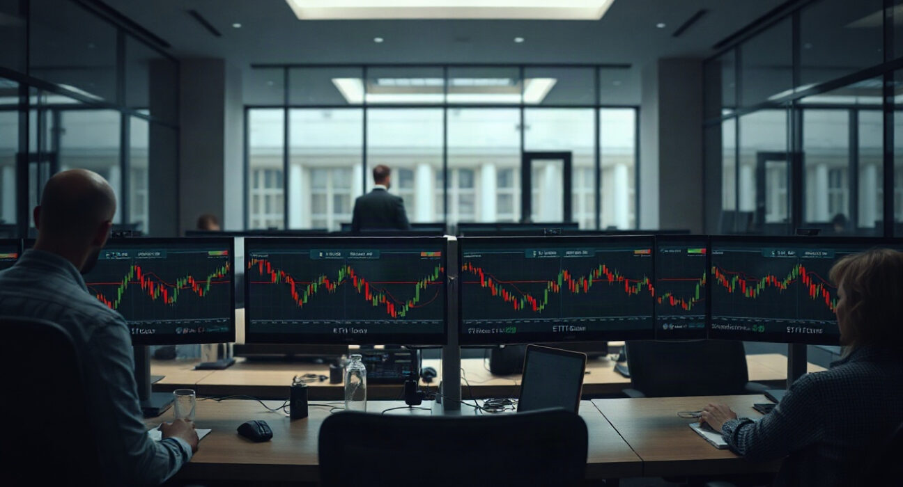 Institutional trading desk with monitors showing Ethereum price charts and downward trend.