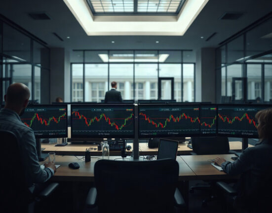 Institutional trading desk with monitors showing Ethereum price charts and downward trend.