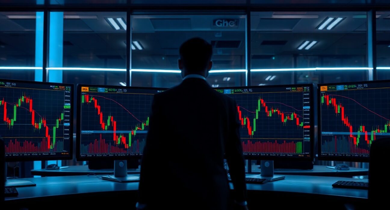 A professional monitors Bitcoin price charts on multiple screens in a dimly lit office, suggesting institutional crypto trading activity.