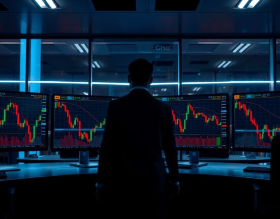 A professional monitors Bitcoin price charts on multiple screens in a dimly lit office, suggesting institutional crypto trading activity.