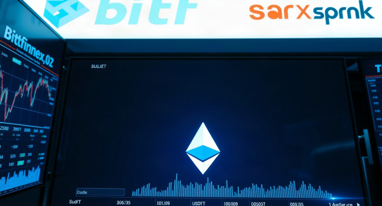 Digital interface showing a large USDT deposit transaction on a trading screen with Ethereum symbols in the background
