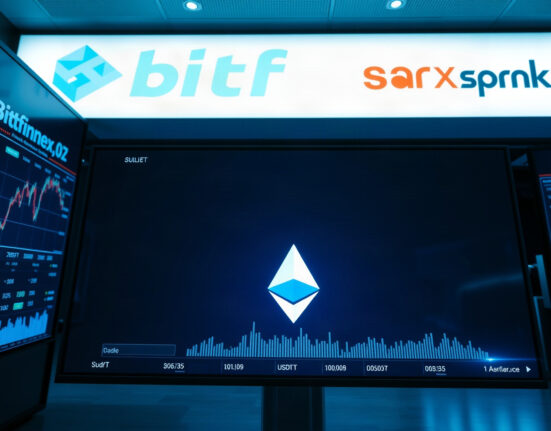 Digital interface showing a large USDT deposit transaction on a trading screen with Ethereum symbols in the background