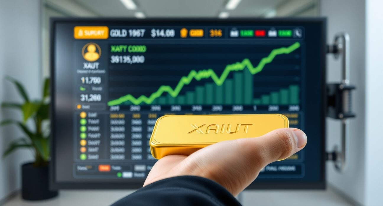 Abraxas Capital XAUT withdrawal visualized with gold bar and digital trading screen
