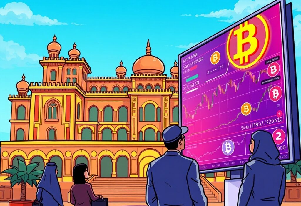 A cartoon illustration showing an Abu Dhabi building with digital elements, symbolizing the sovereign wealth fund's significant Abu Dhabi Bitcoin ETF investment.